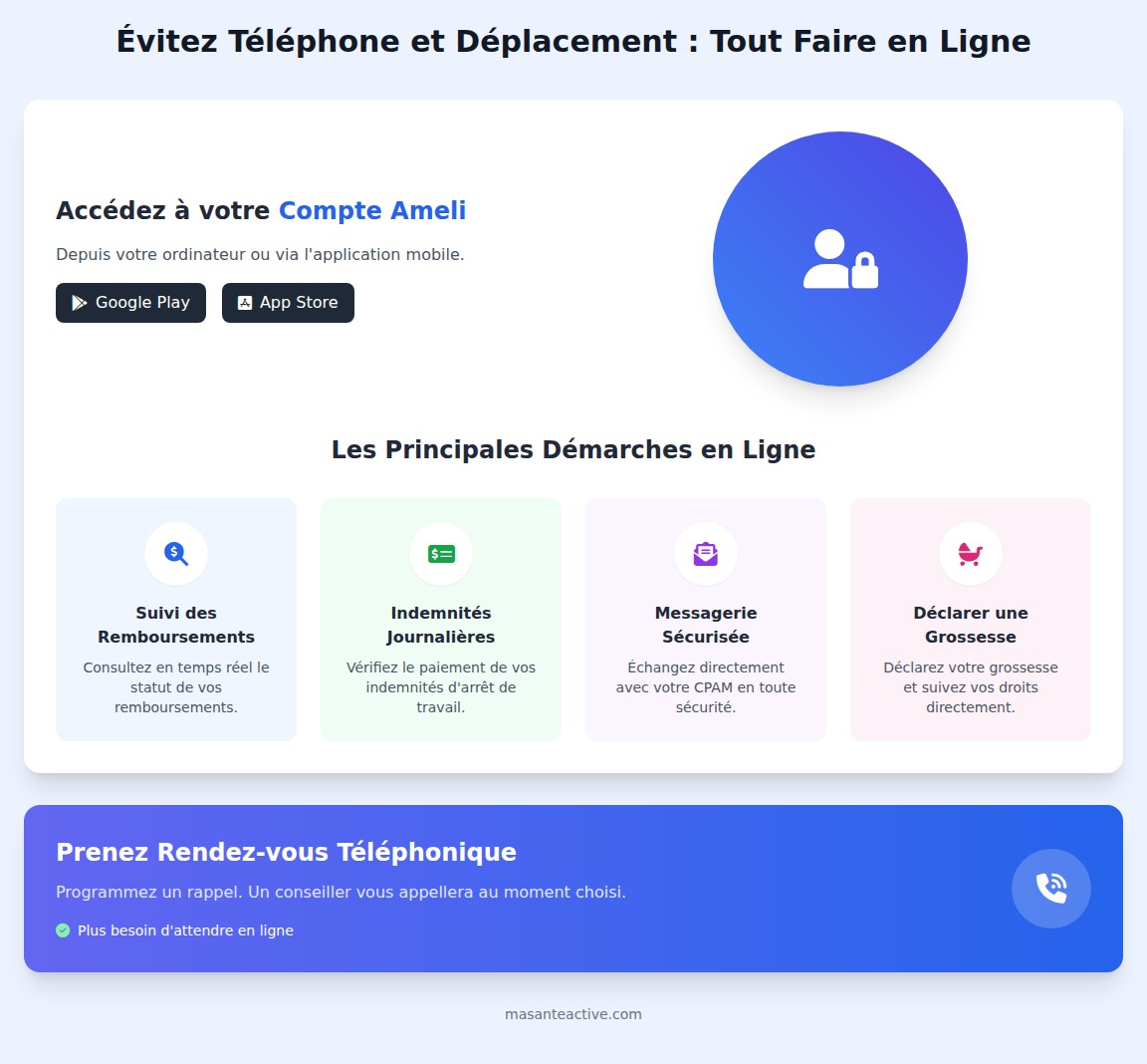 infographie Comment éviter d’appeler ou de se déplacer grâce au compte ameli ?