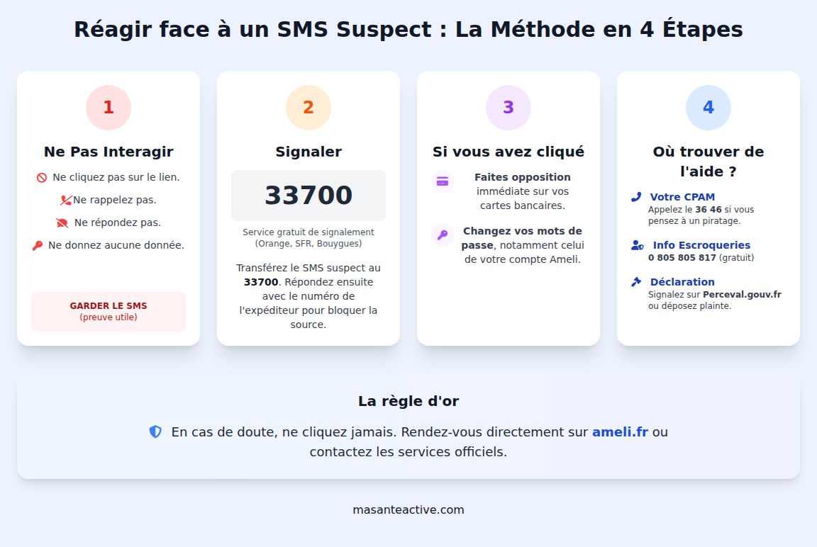 infographie Comment réagir en cas de réception d’un faux SMS Ameli ?