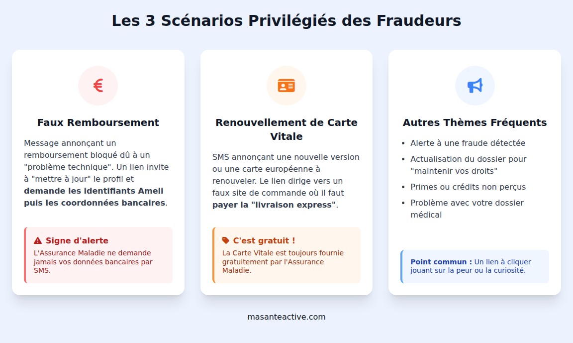 infographie Quels sont les principaux types de faux SMS Ameli ?